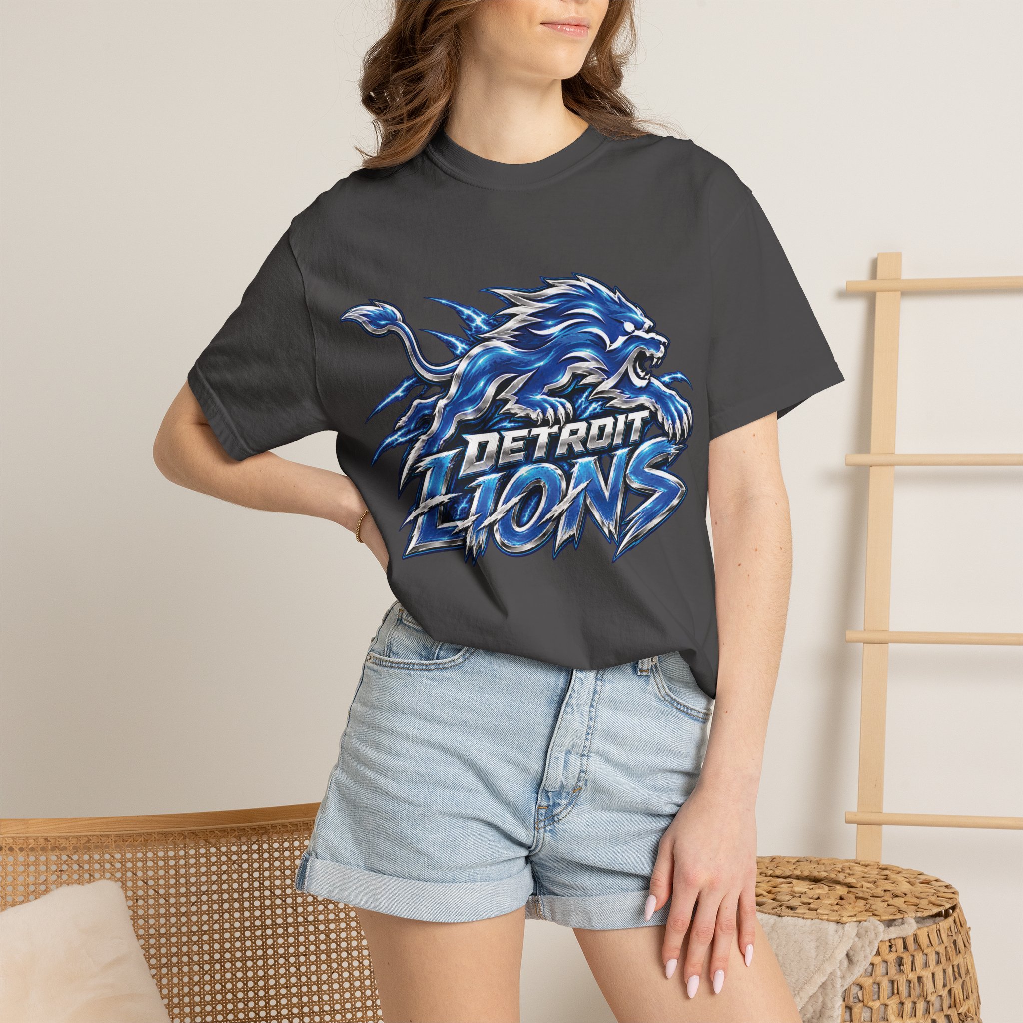 Detroit Lions Graphic T-Shirt — Fierce Blue Lion Logo Tee - Image 47
