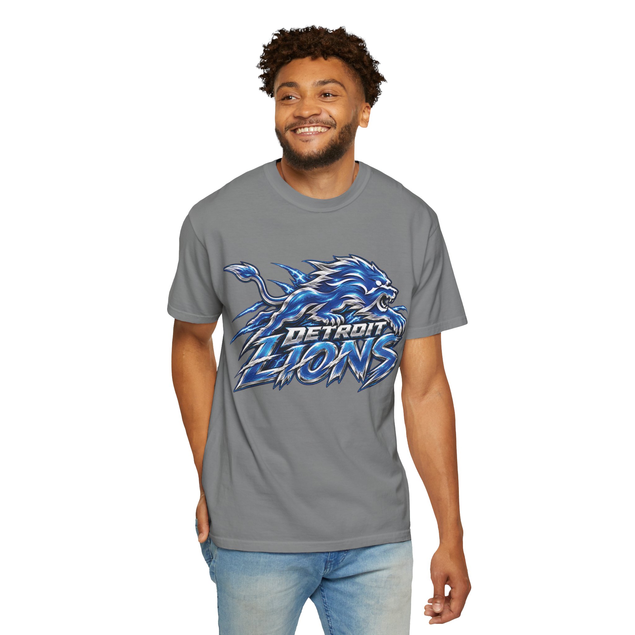 Detroit Lions Graphic T-Shirt — Fierce Blue Lion Logo Tee - Image 35