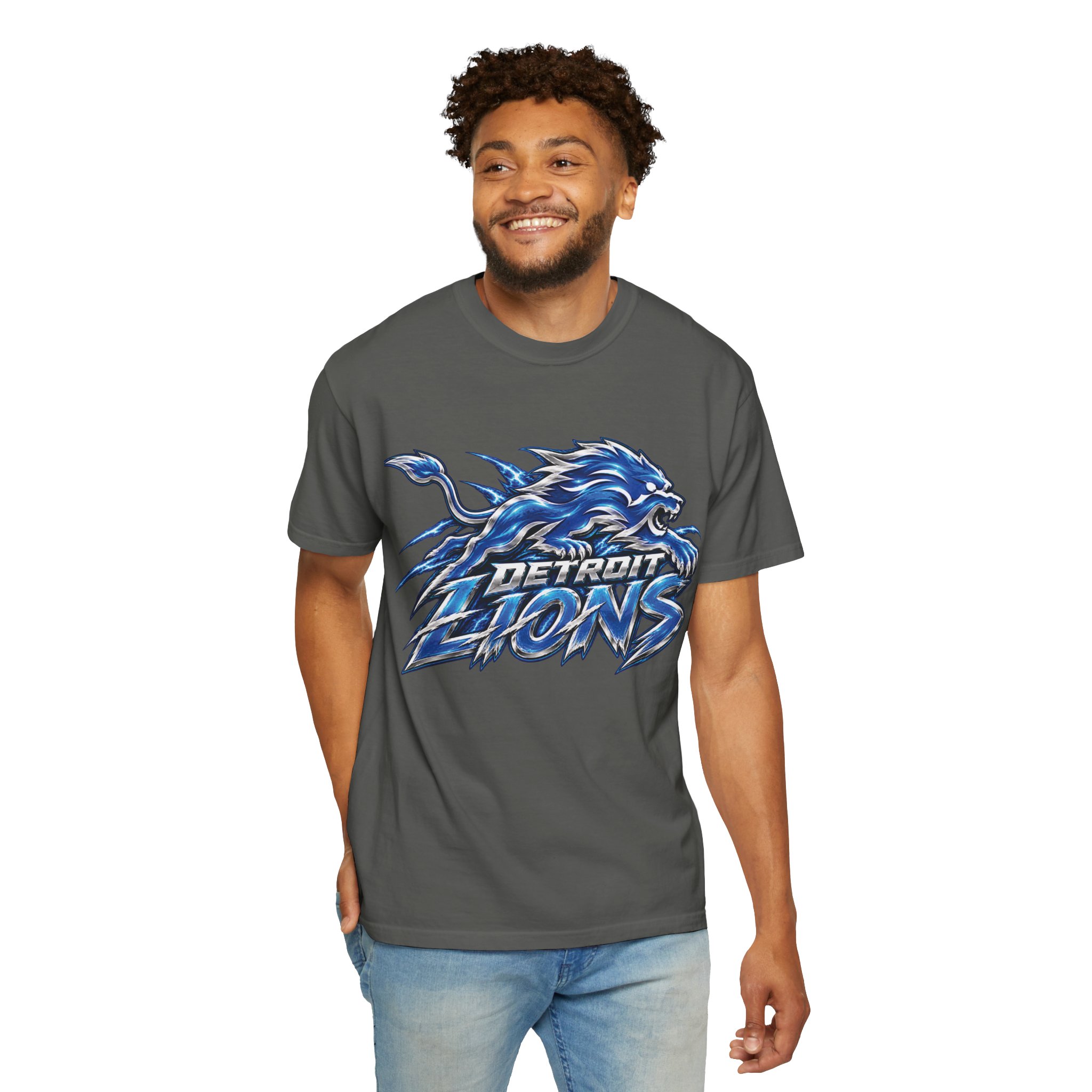 Detroit Lions Graphic T-Shirt — Fierce Blue Lion Logo Tee - Image 28