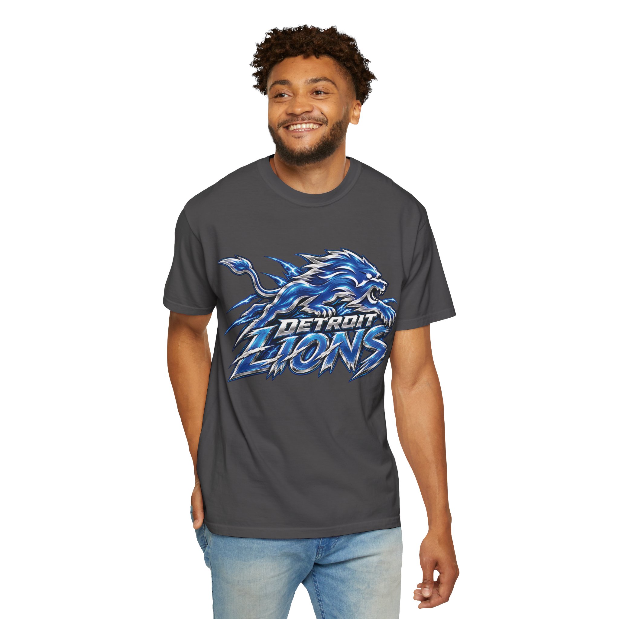 Detroit Lions Graphic T-Shirt — Fierce Blue Lion Logo Tee - Image 49
