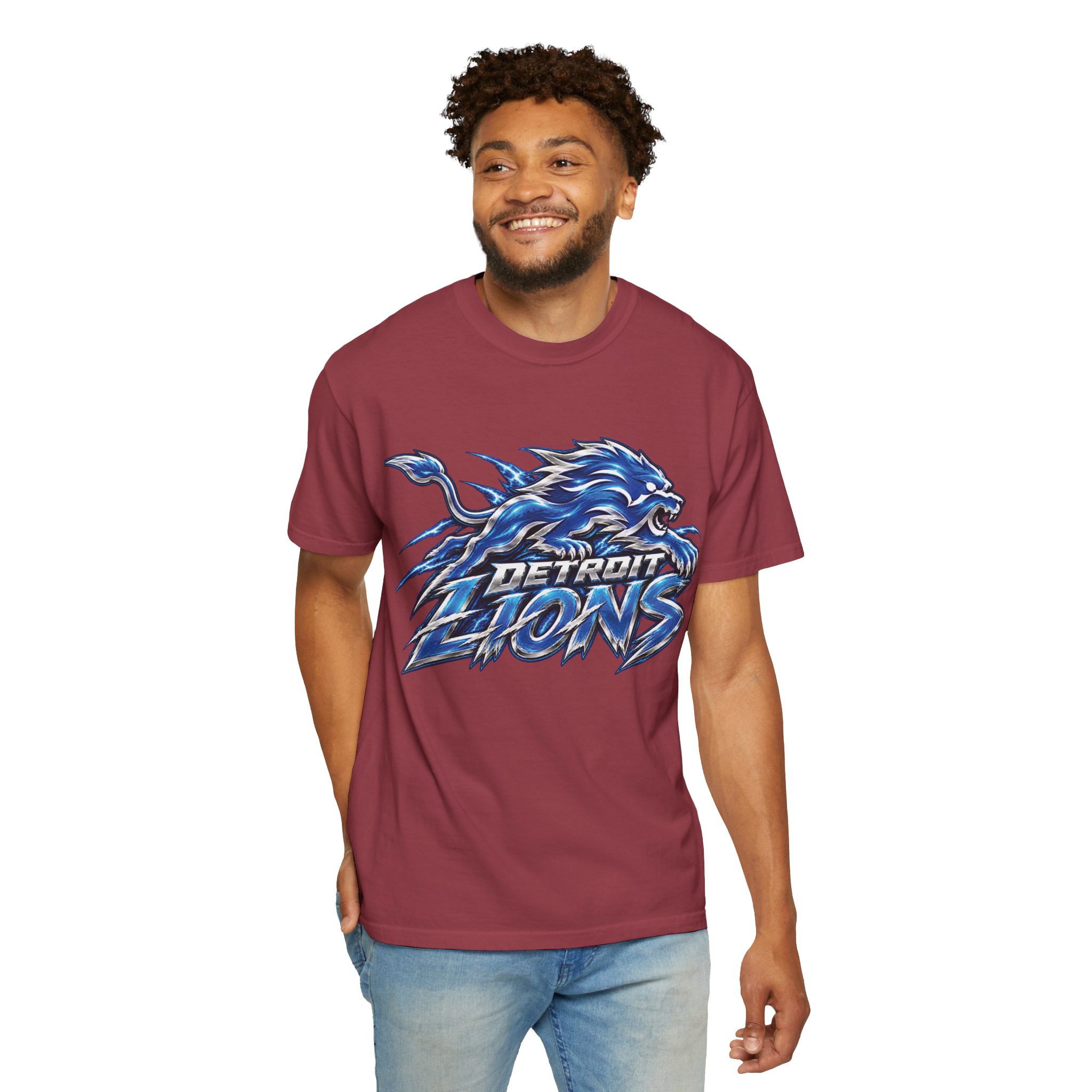 Detroit Lions Graphic T-Shirt — Fierce Blue Lion Logo Tee - Image 56